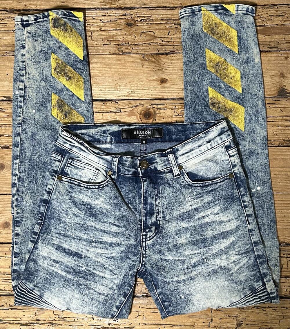 REASON Light Blue Denim Paint Splatter Distressed Skinny Jeans Mens Size 32 NWOT